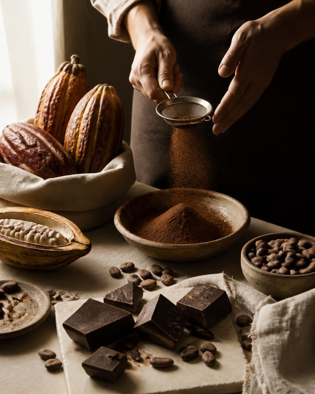 Cacao pods, cocoa powder and dark chocolate on a linen table